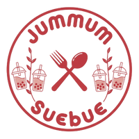 Jummum Suebue logo with a crossed spoon and fork, boba tea cups, and Jummum at the top and Suebue at the bottom